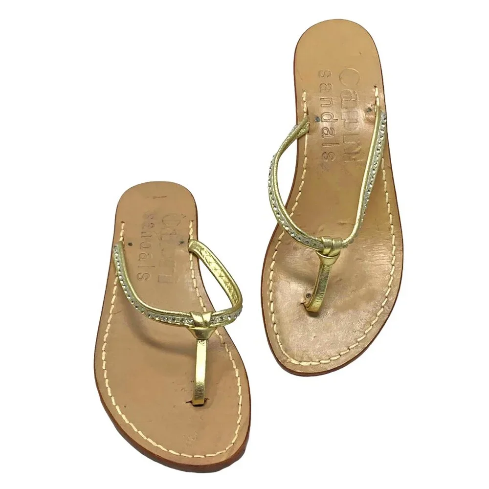 CAPRI‎ SANDALS CO. Gold Leather Rhinestone Thong Slide Sandals